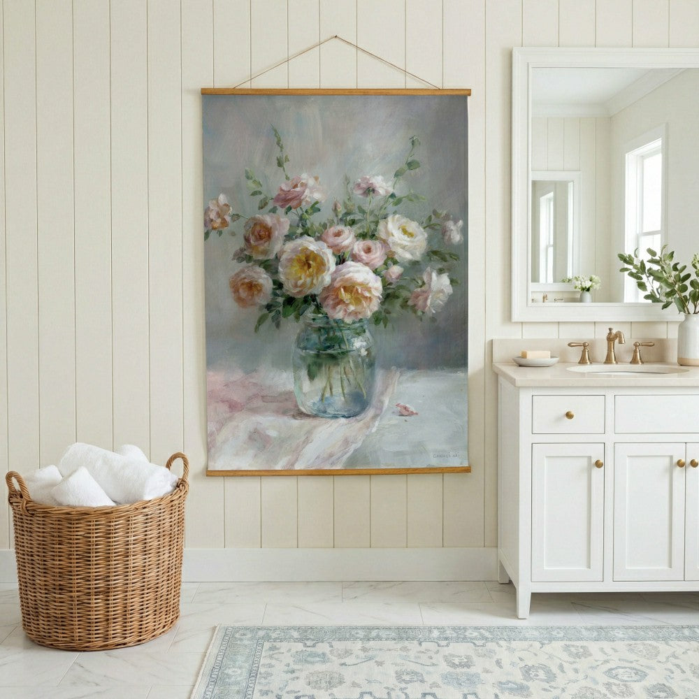 Plow & Hearth Hillside Pasture Indoor Wall Decor Canvas Tapestry, Pink/White Roses i