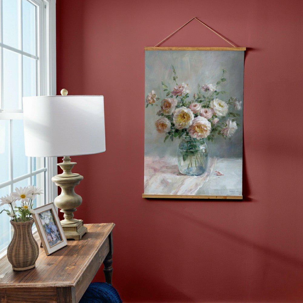 Plow & Hearth Hillside Pasture Indoor Wall Decor Canvas Tapestry, Pink/White Roses i