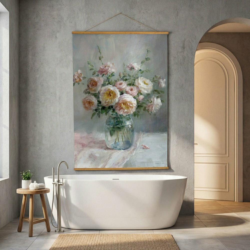 Plow & Hearth Hillside Pasture Indoor Wall Decor Canvas Tapestry, Pink/White Roses i