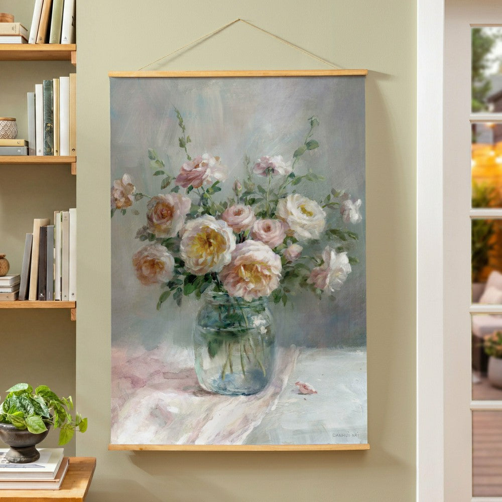 Plow & Hearth Hillside Pasture Indoor Wall Decor Canvas Tapestry, Pink/White Roses i