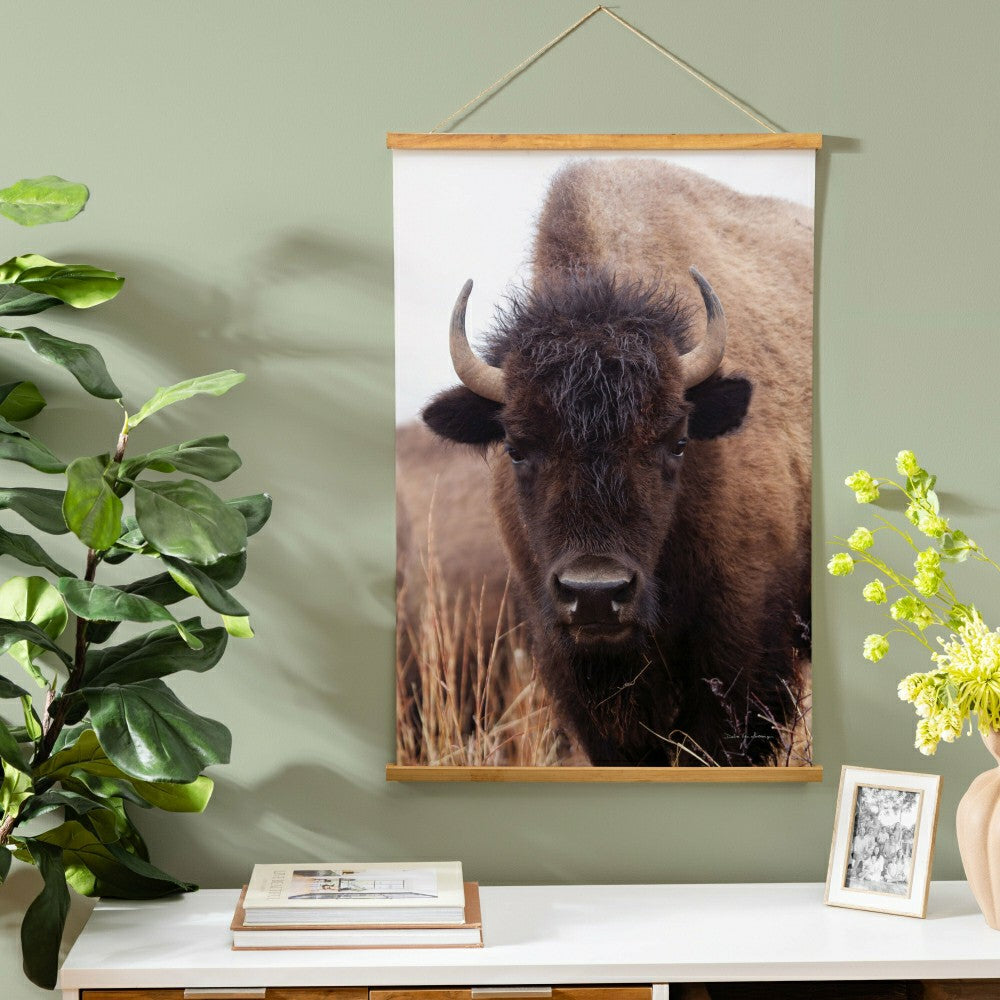 Plow & Hearth Hillside Pasture Indoor Wall Décor Canvas Tapestry, Bison