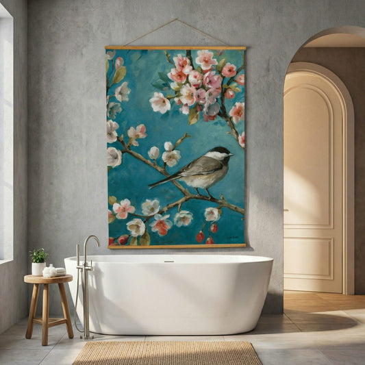 Plow & Hearth Cottage Garden Indoor Wall Décor Canvas Tapestry, Bird on Floral Branc