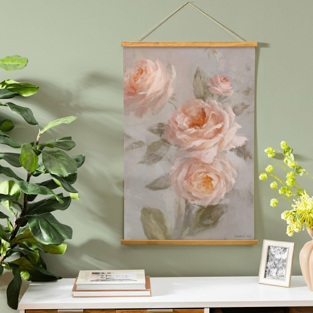 Plow & Hearth Hillside Pasture Indoor Wall Décor Canvas Tapestry, Pink Roses