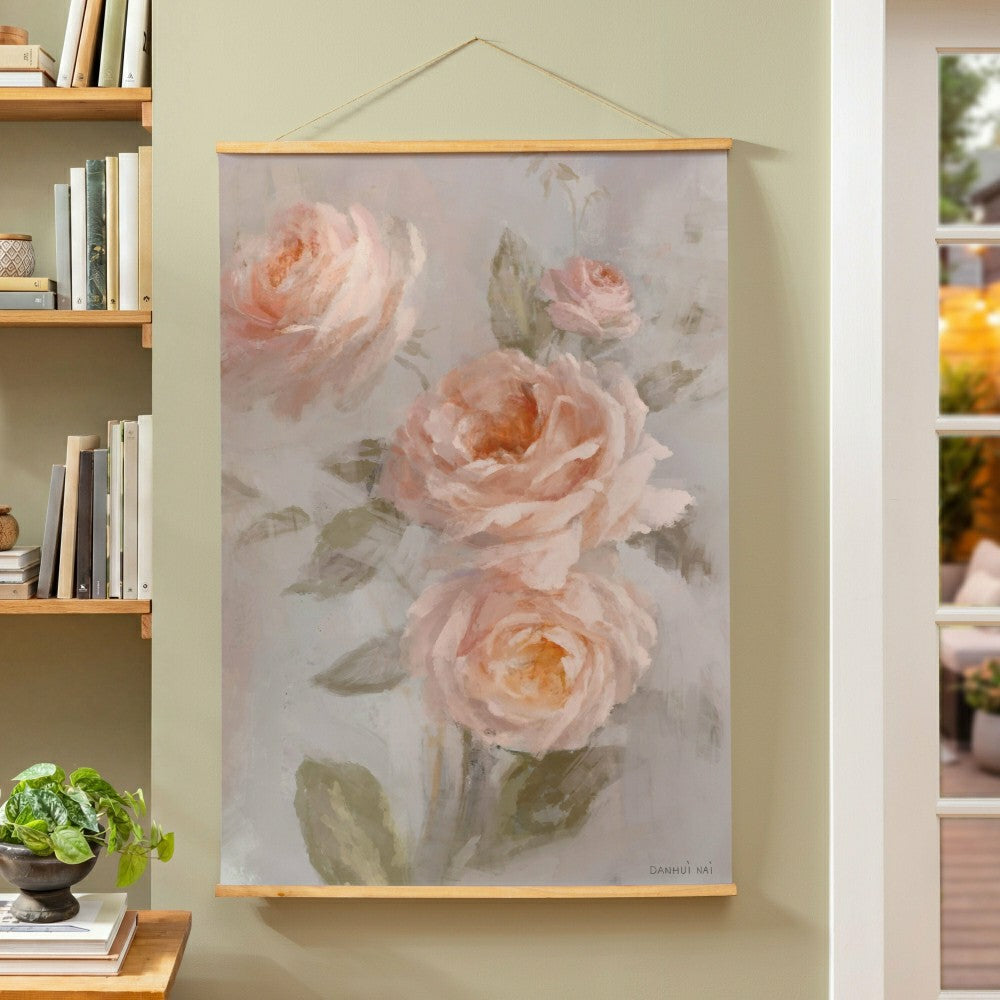 Plow & Hearth Hillside Pasture Indoor Wall Décor Canvas Tapestry, Pink Roses