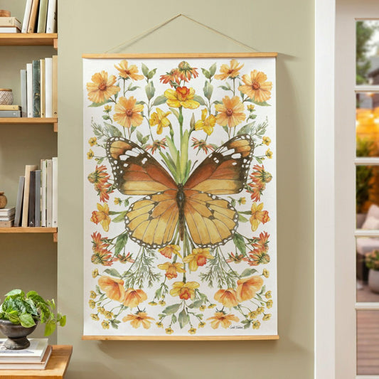 Plow & Hearth Cottage Garden Indoor Wall Décor Canvas Tapestry, Butterfly in Flowers
