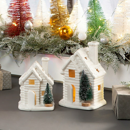 Plow & Hearth Lighted Houses with Bottle Brush Trees, Set of 2