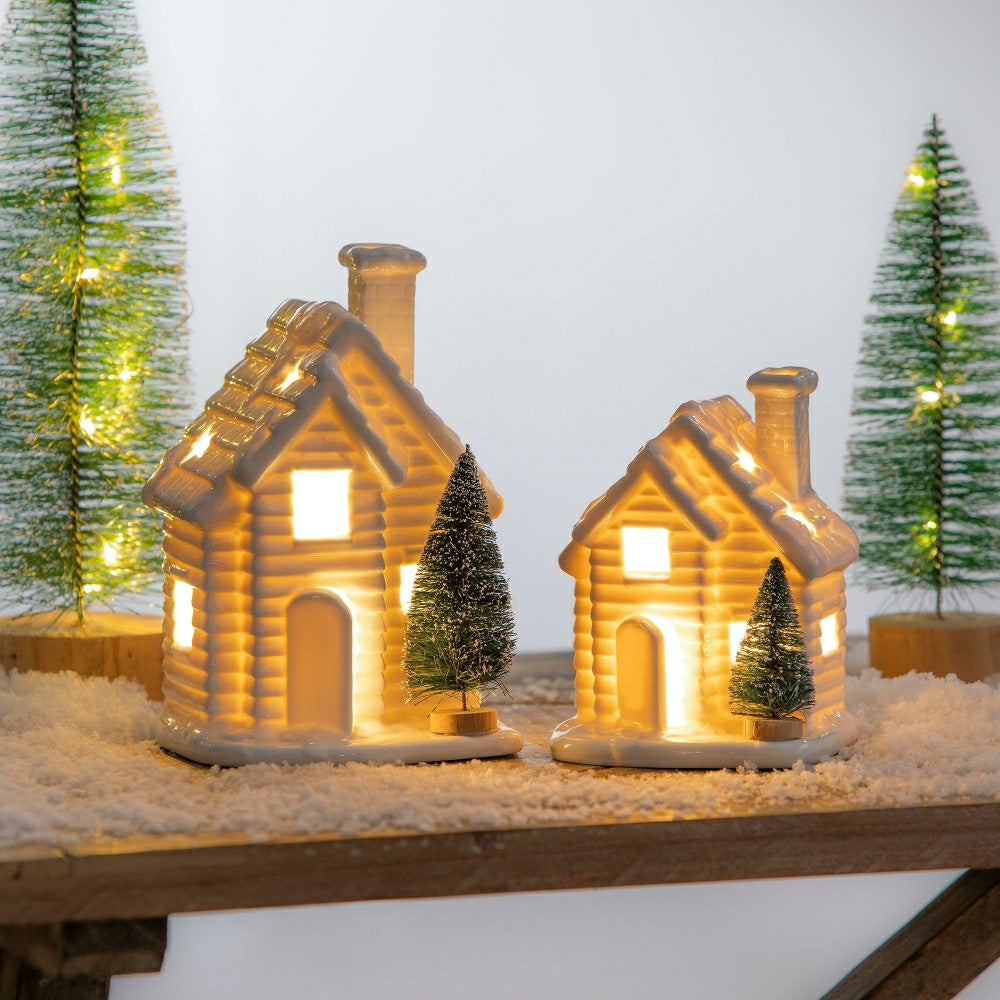 Plow & Hearth Lighted Houses with Bottle Brush Trees, Set of 2