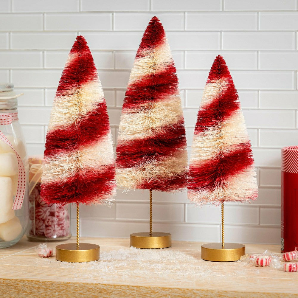 Plow & Hearth Sugar & Stripes Bright Table Décor Candy Striped Bottle Brush Tree Set