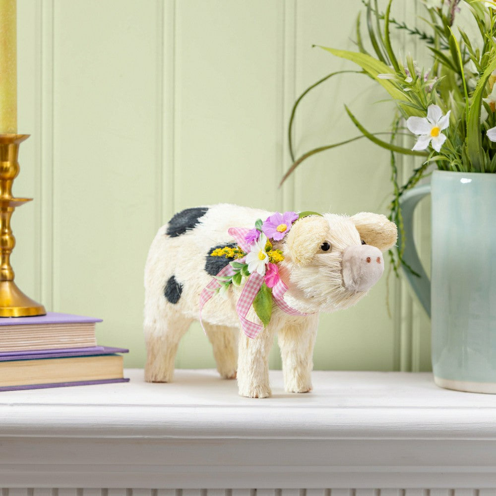 Plow & Hearth Hillside Pasture Table Decor Natural Fiber Floral Pig, 10.75"L