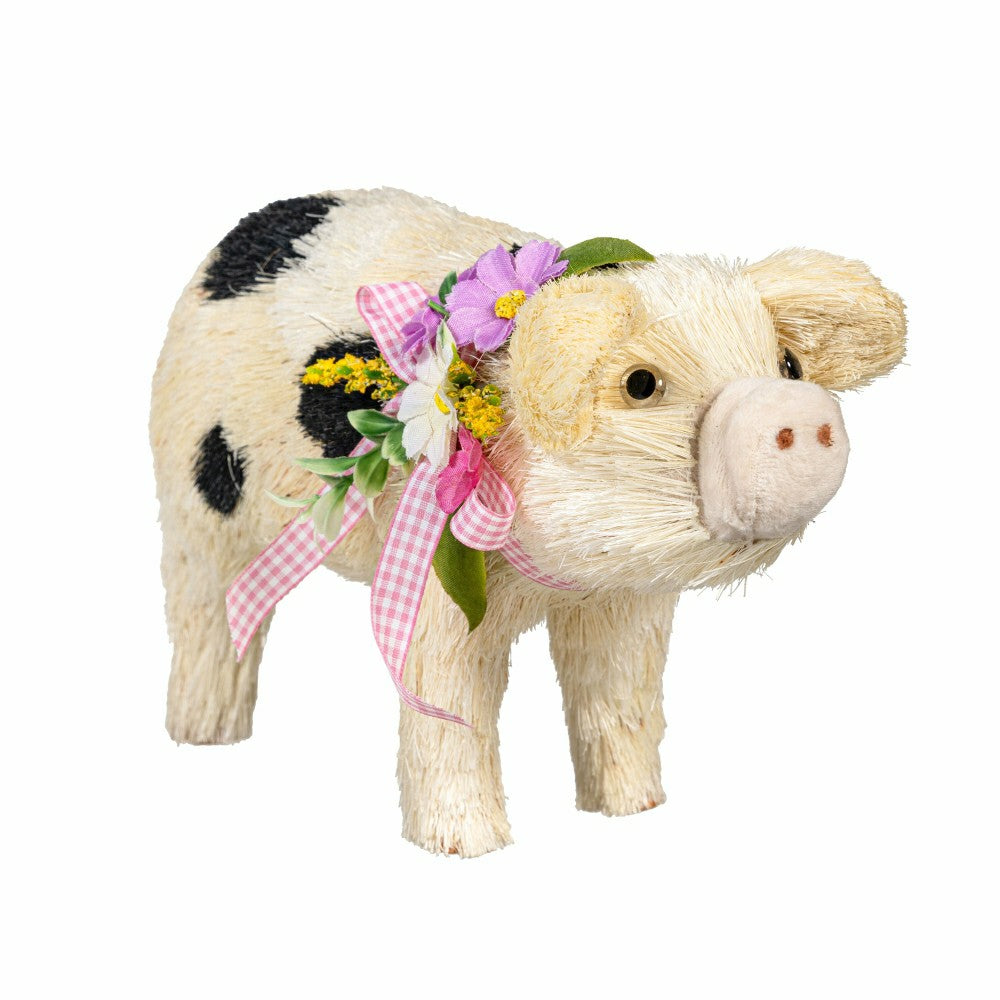 Plow & Hearth Hillside Pasture Table Decor Natural Fiber Floral Pig, 10.75"L