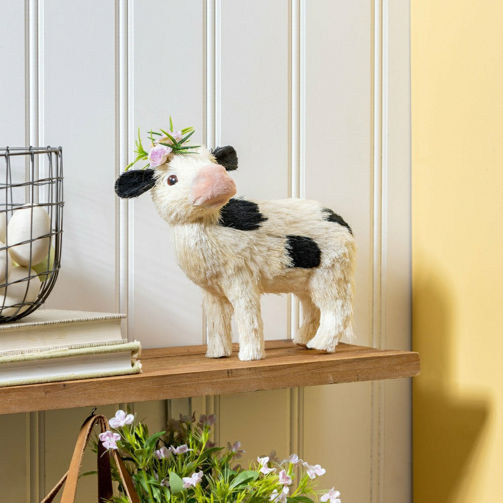 Plow & Hearth Petal & Plow Table Decor Natural Fiber Floral Cow, 11.75"L