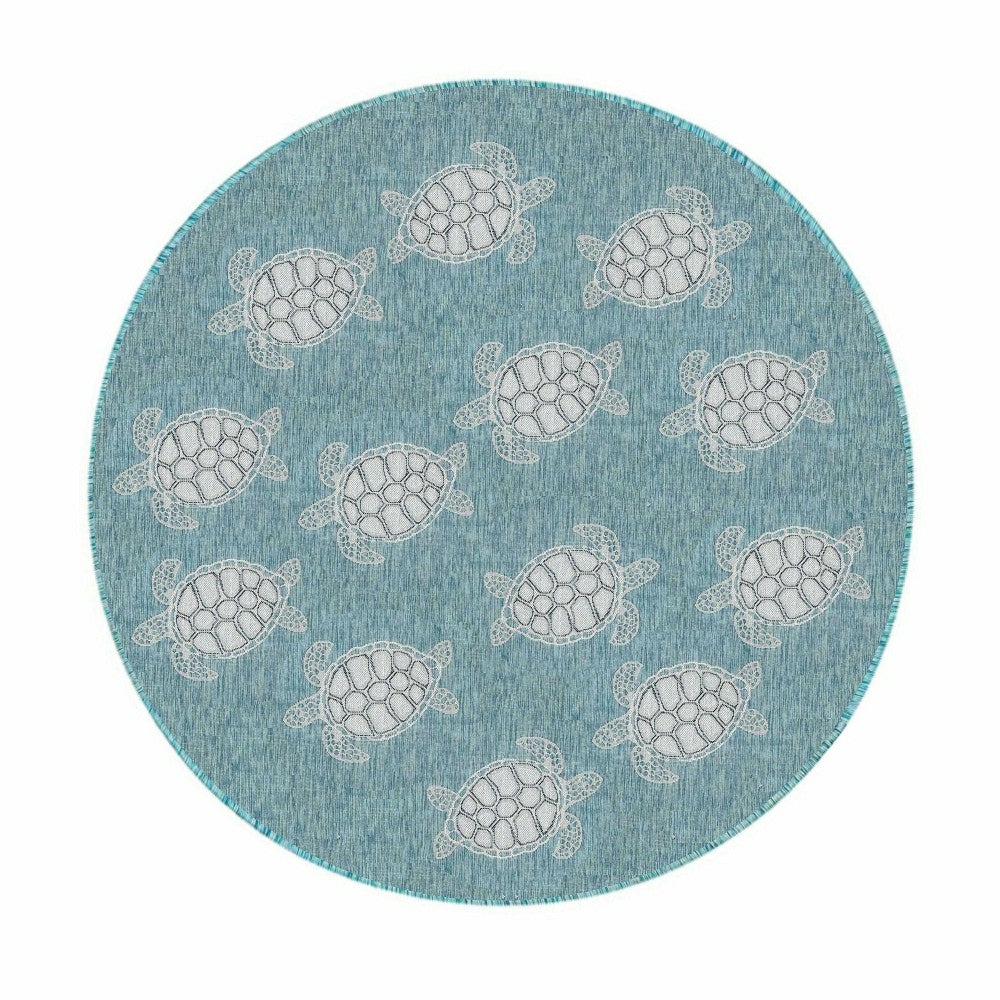 Plow & Hearth Indoor/Outdoor Textured Sea Turtles Polypropylene Rug, 7'10" Round