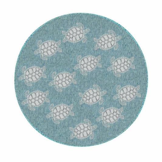 Plow & Hearth Indoor/Outdoor Textured Sea Turtles Polypropylene Rug, 7'10" Round