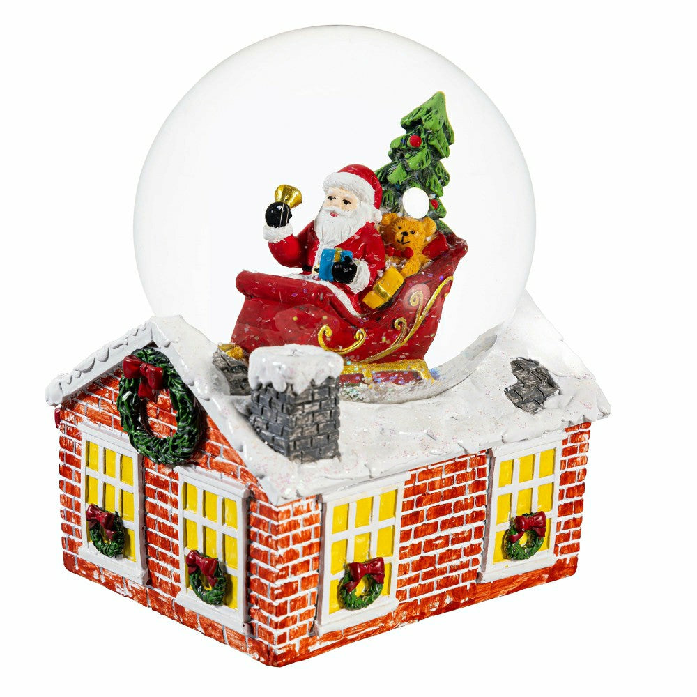 Plow & Hearth Heartfelt Cheer Water Globe Resin Santa in Sleigh with House Base, 7.2
