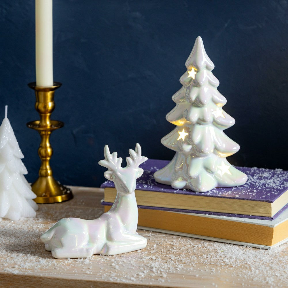 Plow & Hearth Season to Sparkle LED Table Décor Ceramic Iridescent Tree with Star Cu