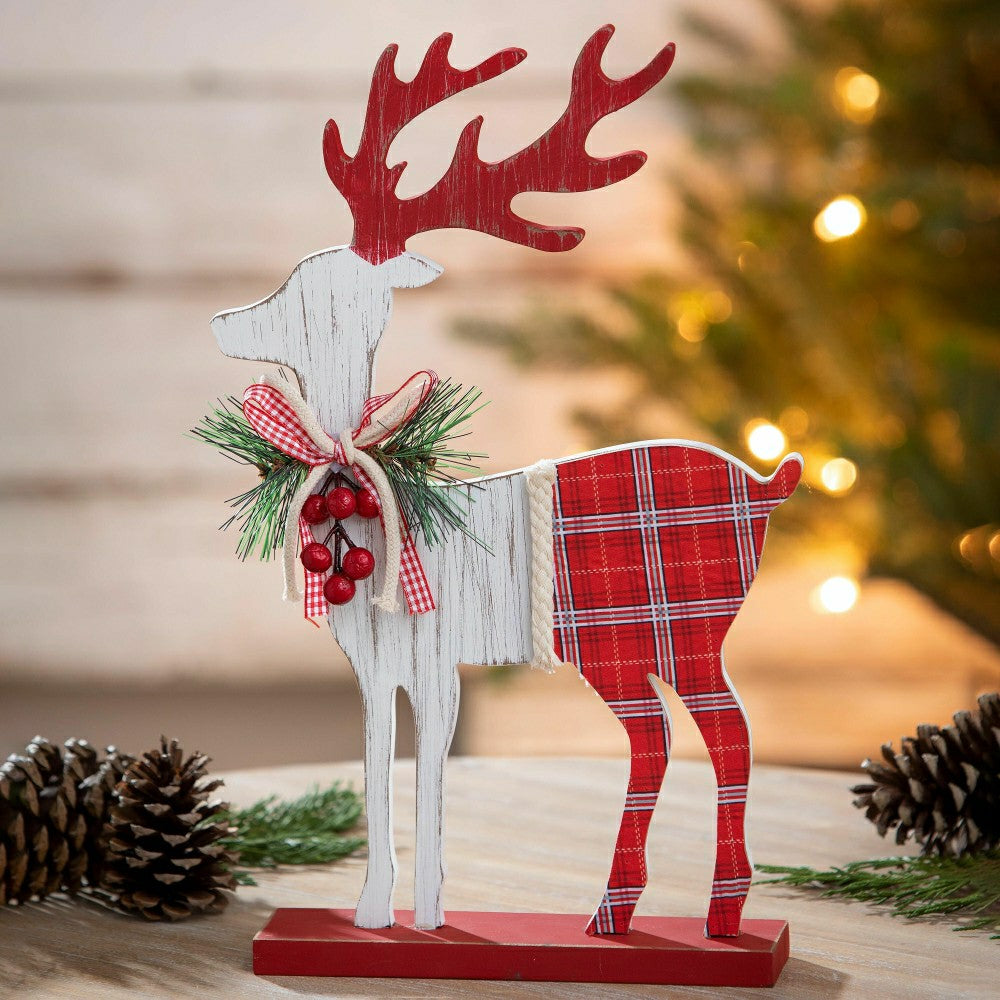 Plow & Hearth Deer with Plaid Design and Artificial Wood Table Décor, 15"
