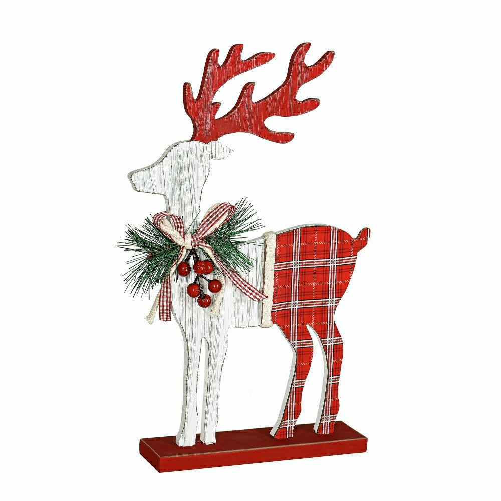 Plow & Hearth Deer with Plaid Design and Artificial Wood Table Décor, 15"