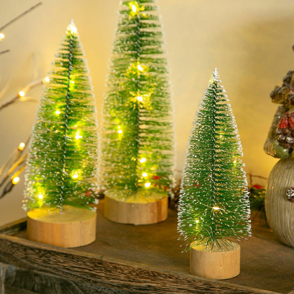 Plow & Hearth Woodland Storybook LED Table Decor Snow Covered Bottle Brush Tree, Set