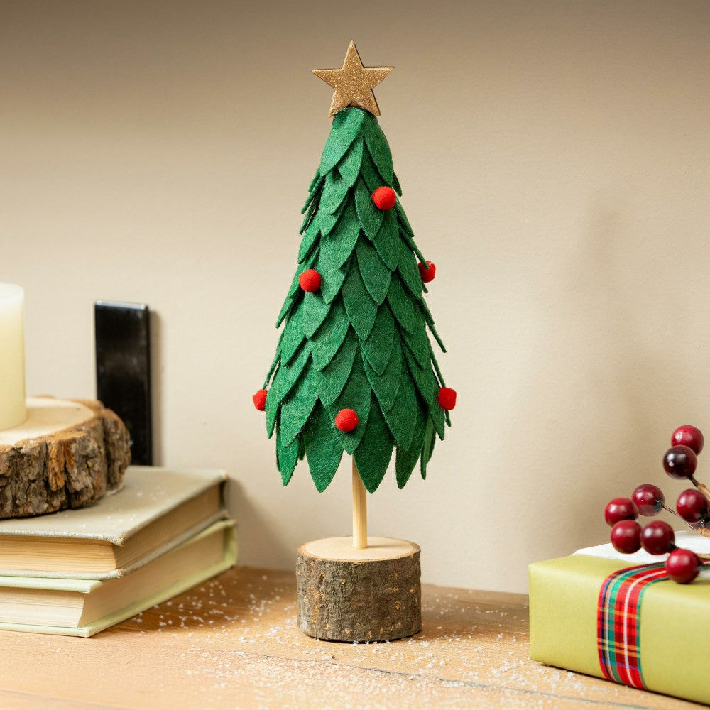 Plow & Hearth Woodland Storybook Table Décor Fabric and Wood Christmas Tree, 8.75"H